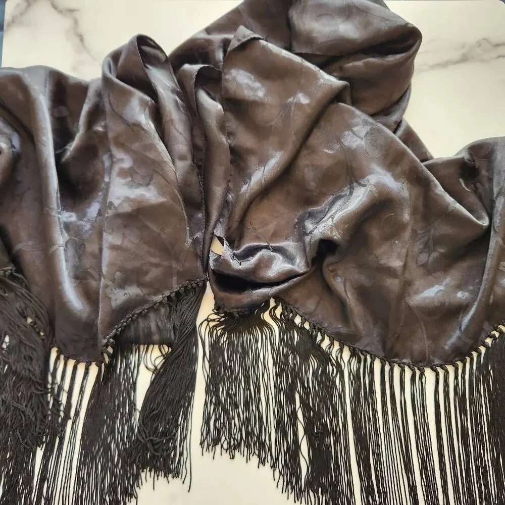 Collection XIIX black fringe shawl Mexican silky vintage extra long